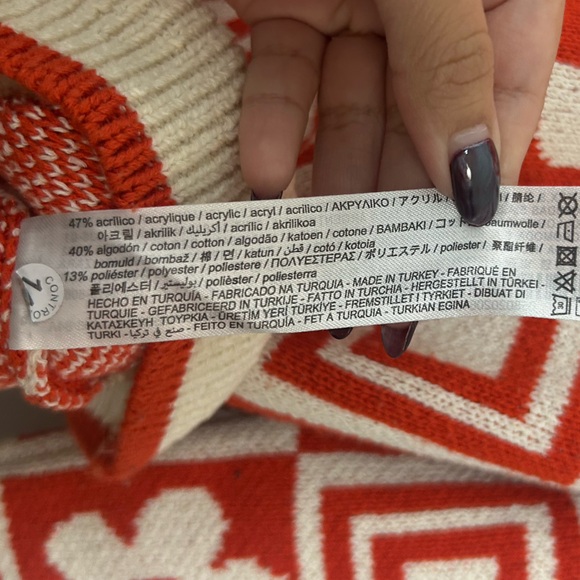 Zara Orange Jacquard Floral Geometric Chunky Knit Sweater Size S retro cozy 70s - Picture 13 of 13